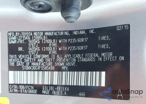 2015 Toyota Sienna Le 8 Passenger z USA, uszkodzony, nr VIN 5TDKK3DCXFS585488